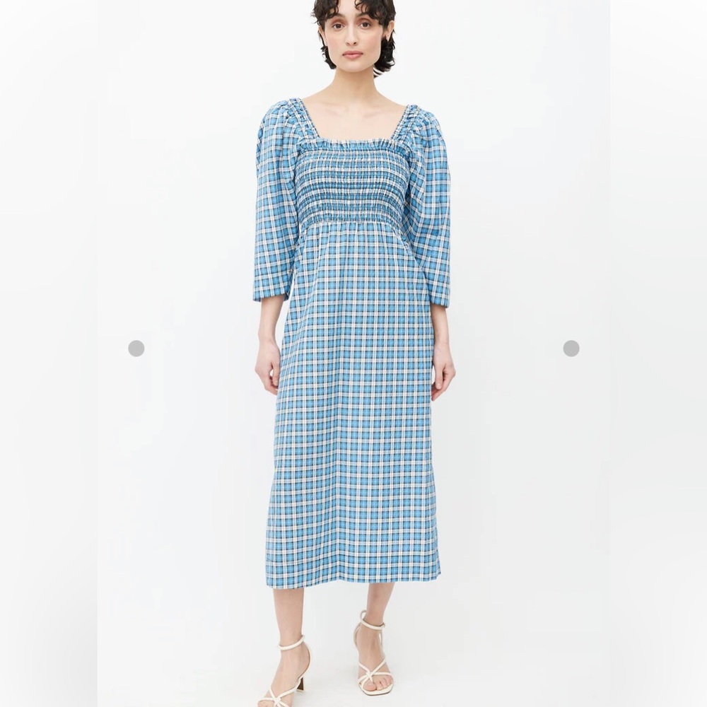 GANNI Seersucker Check Smock Midi Dress - Azure Blue size 8 - Picture 2 of 14